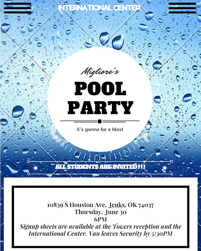 ORUInterCenter's tweet photo. Join us this Thursday for a splash in the sun.Transportation and dinner provided. Invite all your friends https://t.co/SEAEtZqmEa