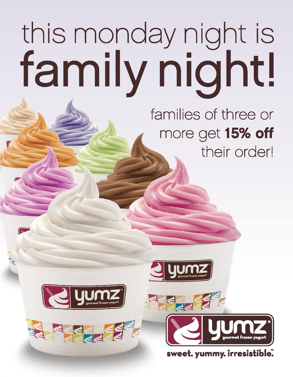 Back by popular demand:  Family Night <a href="/YumzFroYo/">Yumz Frozen Yogurt</a>  Groups of 3 or more get 15% off when you mention this tweet.