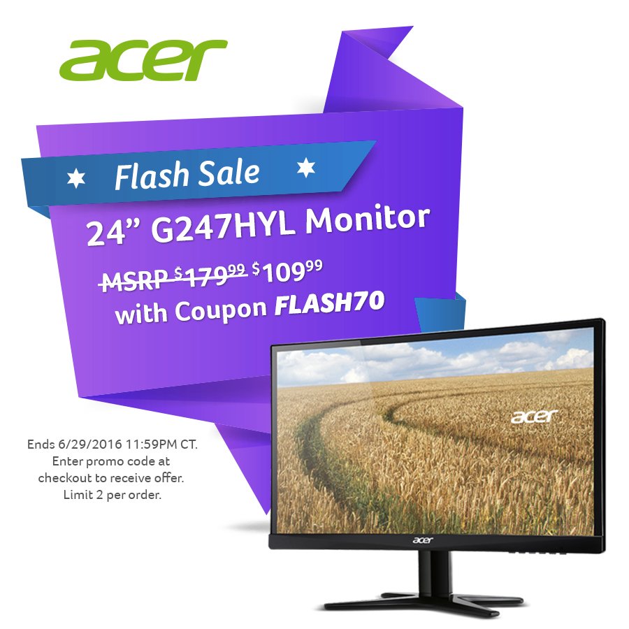 acerstore's tweet photo. 3-Day #FlashSale! G247HYL 24” monitor for only $109.99 w/ code FLASH70 + free shipping! https://t.co/tQa9j8vGct https://t.co/DlXpwWGSvy