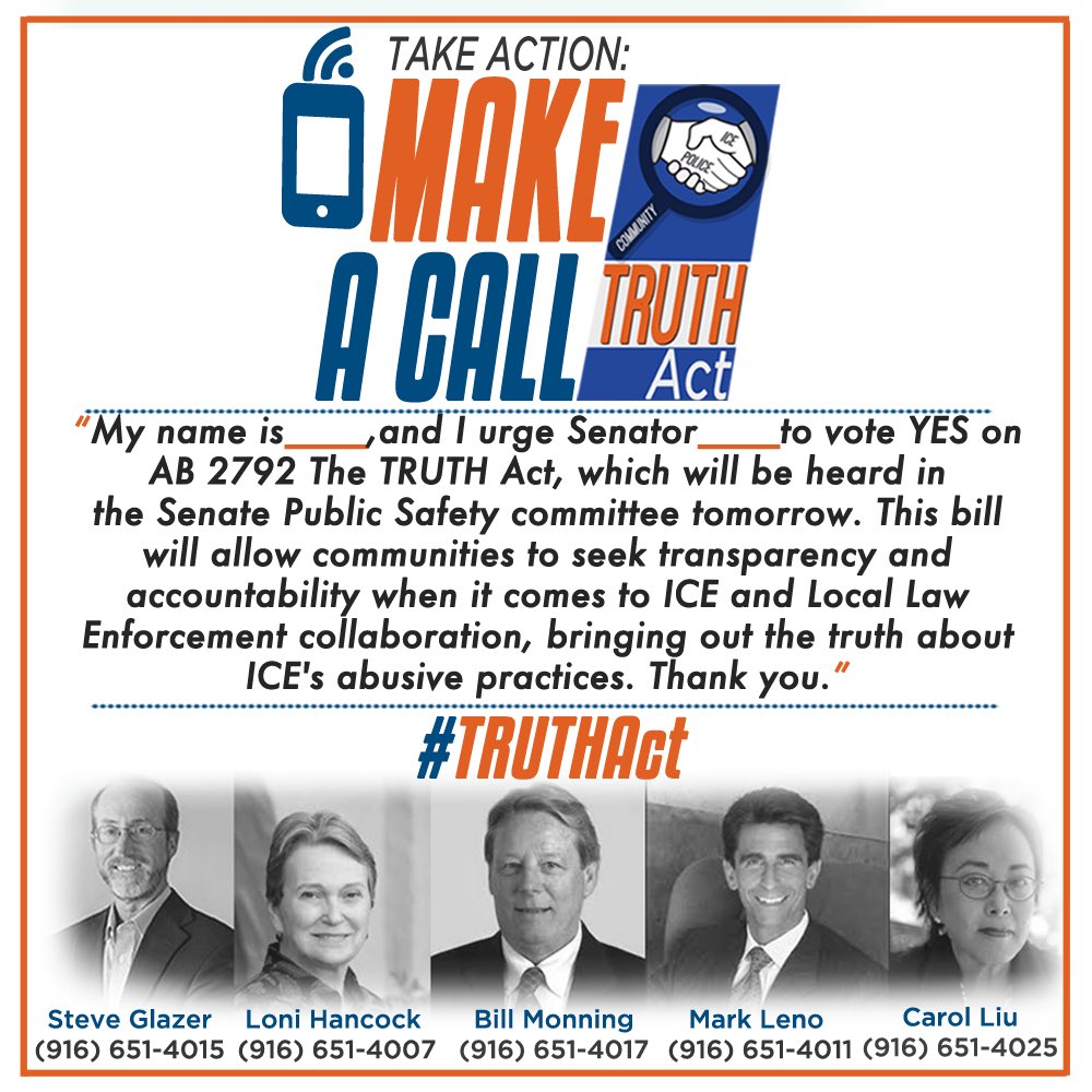 CIYJA's tweet photo. Make a call, get #TruthAct out of SenPublicComm!@CALimmigrant @Steve_Glazer @billmonning @MarkLeno @SenatorCarolLiu https://t.co/38XAzzpJhu