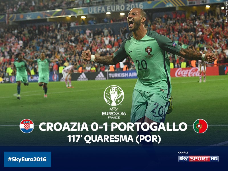 SkySport's tweet photo. #POR ai Quarti di finale! Decide la rete del Trivela @07RQuaresma al 117’! 👏✌️
#CROPOR 0️⃣-1️⃣ #SkyEuro2016 https://t.co/z89eMviF9H