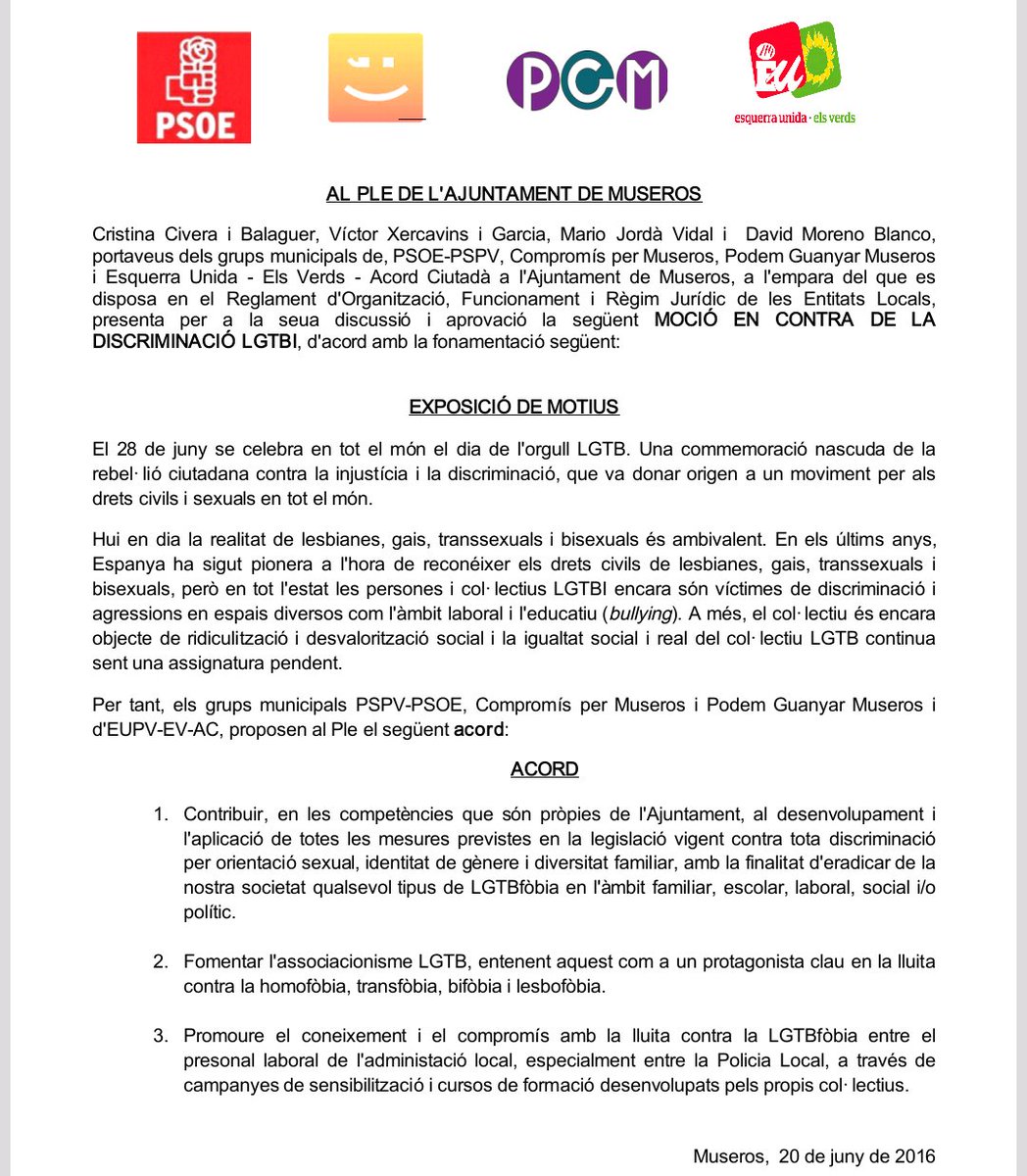 davidmuseros's tweet photo. Para el próximo #PlenoMuseros, a propuesta de EUPV hemos presentado una moción en contra de la discriminación LGTBI. https://t.co/ehpPBSnimi