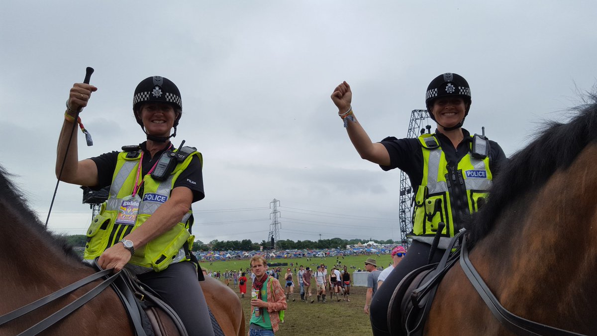 helenruthdixon's tweet photo. @Policeatglasto Very sporting mounted police ladies wearing #vvstc wristbands. Thank you. https://t.co/OIJFFFLsHW