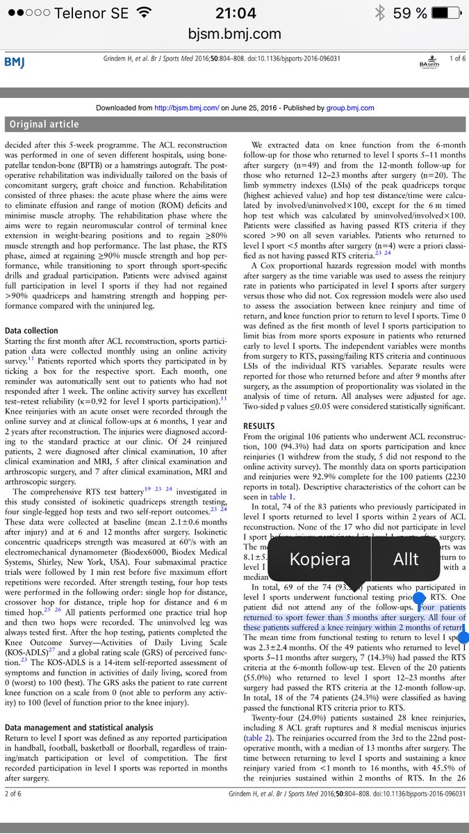 MarkusWalden's tweet photo. All 4 patients returning to level I sports <5 months after ACLR suffered re-injury #importantmessage #ACL @BJSM_BMJ https://t.co/zVCyv7dxzR