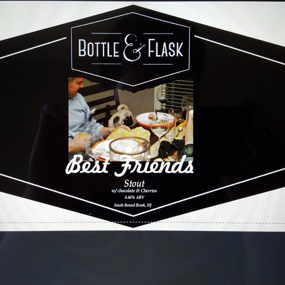 BottleandFlask's tweet photo. New #beer #label is created #stout featuring my sister's #pug who took my seat at the table one #thanksgiving
#bff https://t.co/lSwMPsiMt8