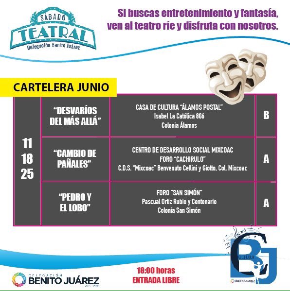 Les compartimos nuestra Cartelera de #SábadoTEATRAL del mes de JUNIO. ¡Los esperamos! 🎭
