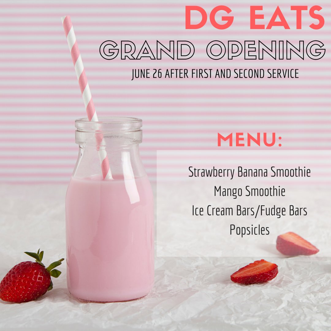 dgyouth's tweet photo. DG EATS is officially open for the summer starting tomorrow! 👏🏼👏🏼👏🏼 https://t.co/hrQ2O8Exve