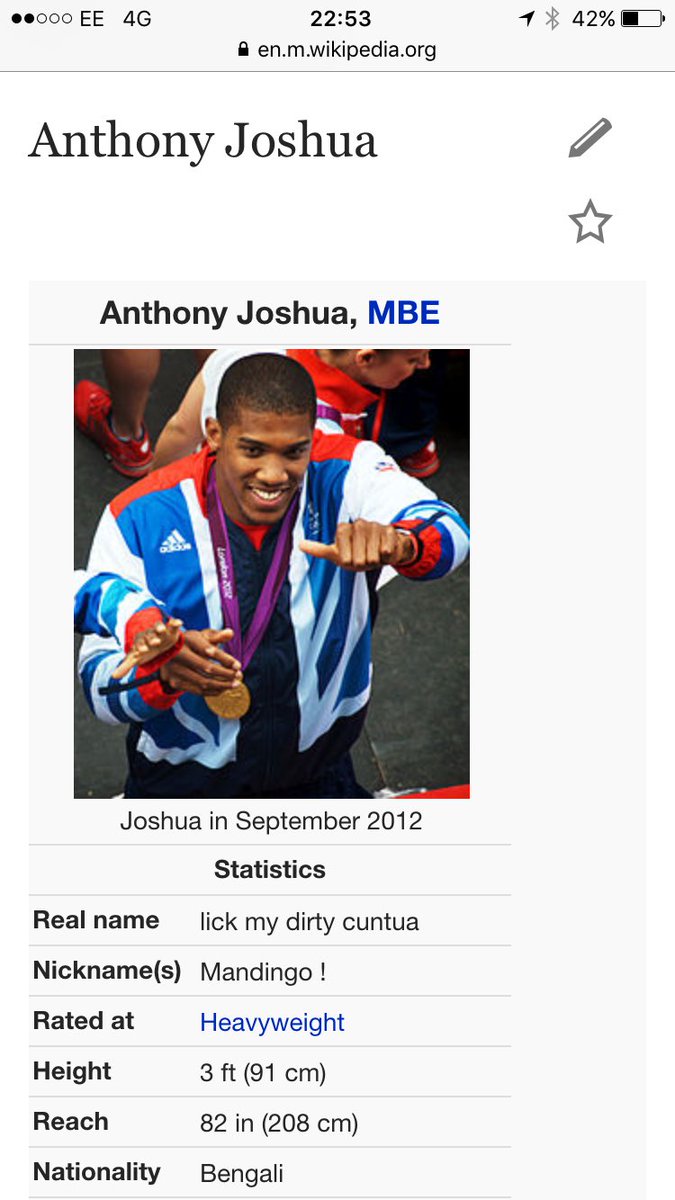lawriehill14's tweet photo. Someone mucking about with the Anthony Joshua wiki page 😂🙈 https://t.co/2yDxtA6xyb