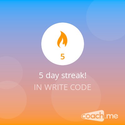 ThisDevPodcast's tweet photo. 5 day streak in Write Code on @CoachDotMe. Give me a high-five: https://t.co/Sr8c7VQGUt https://t.co/zMJfZWLBKN