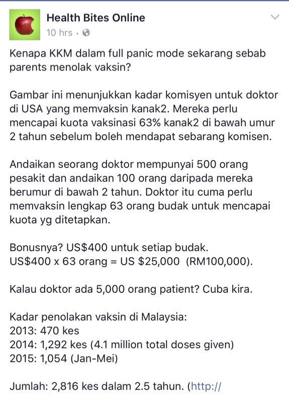 Fitnah terhadap KKM.

Program Imunisasi adalah percuma ditanggung kerajaan, kami doktor tak dapat komisyen sesen pun