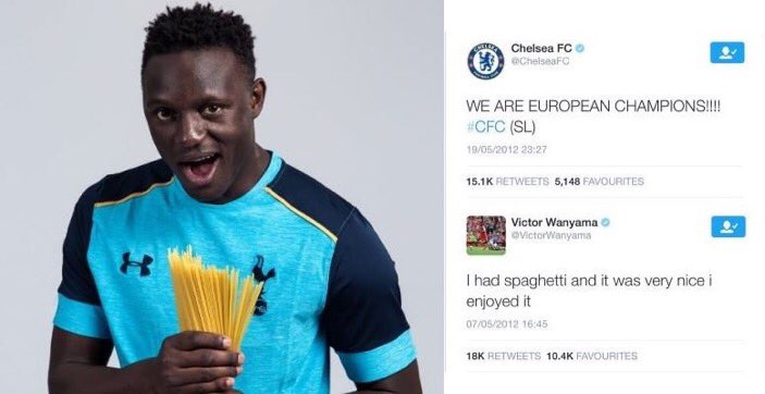 Nowfootball's tweet photo. Victor Wanyama eating spaghetti was more important to Twitter than Chelsea winning the Champions League. https://t.co/hdcWxTZNAG