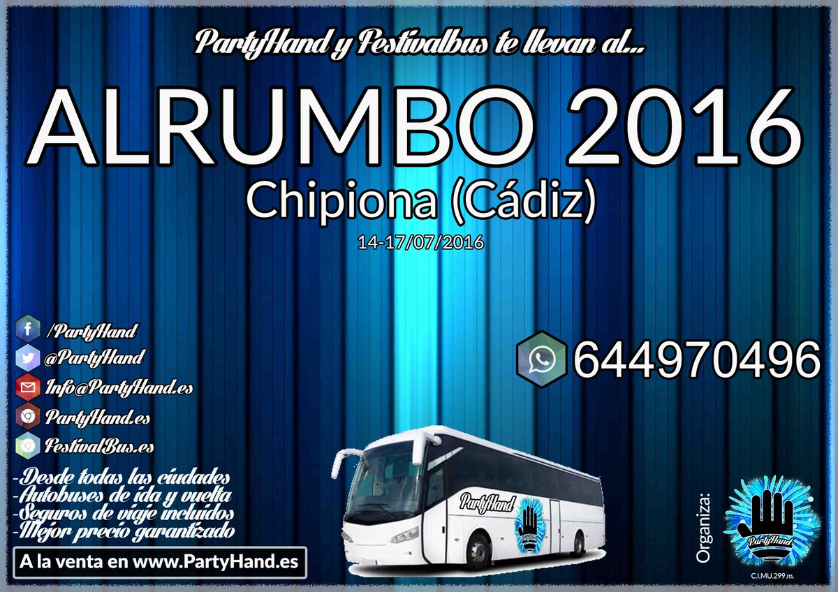 PartyHand's tweet image. Últimos billetes de bus para el @AlrumboFestival , no te quedes sin el tuyo! @GenteAlRumbo #Alrumbo2016 PartyHand.es