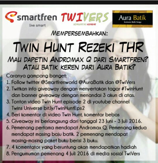 Ayo ikutan giveaway ini, yuk. Hadiahnya beneran keren.#TwinHunt  <a href="/smartfrenworld/">SMARTFREN</a> <a href="/aurabatik/">Aura Batik</a> <a href="/TwiVers/">Twins Universe</a>