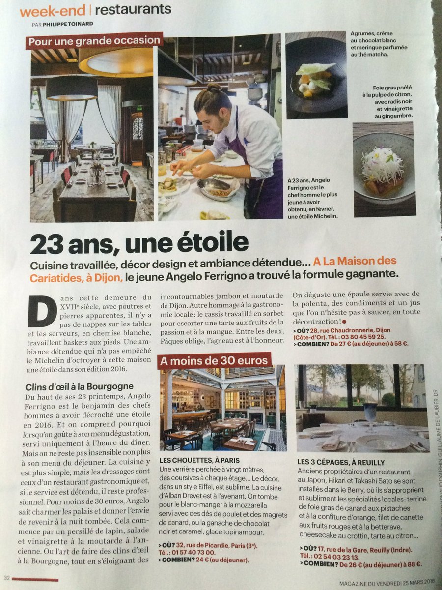 Récemment dans @LeParisienMag ma chronique sur <a href="/angelo_ferrigno/">ferrigno angelo</a> chef de La Maison des Cariatides <a href="/dijon/">Ville de Dijon</a> #restaurant