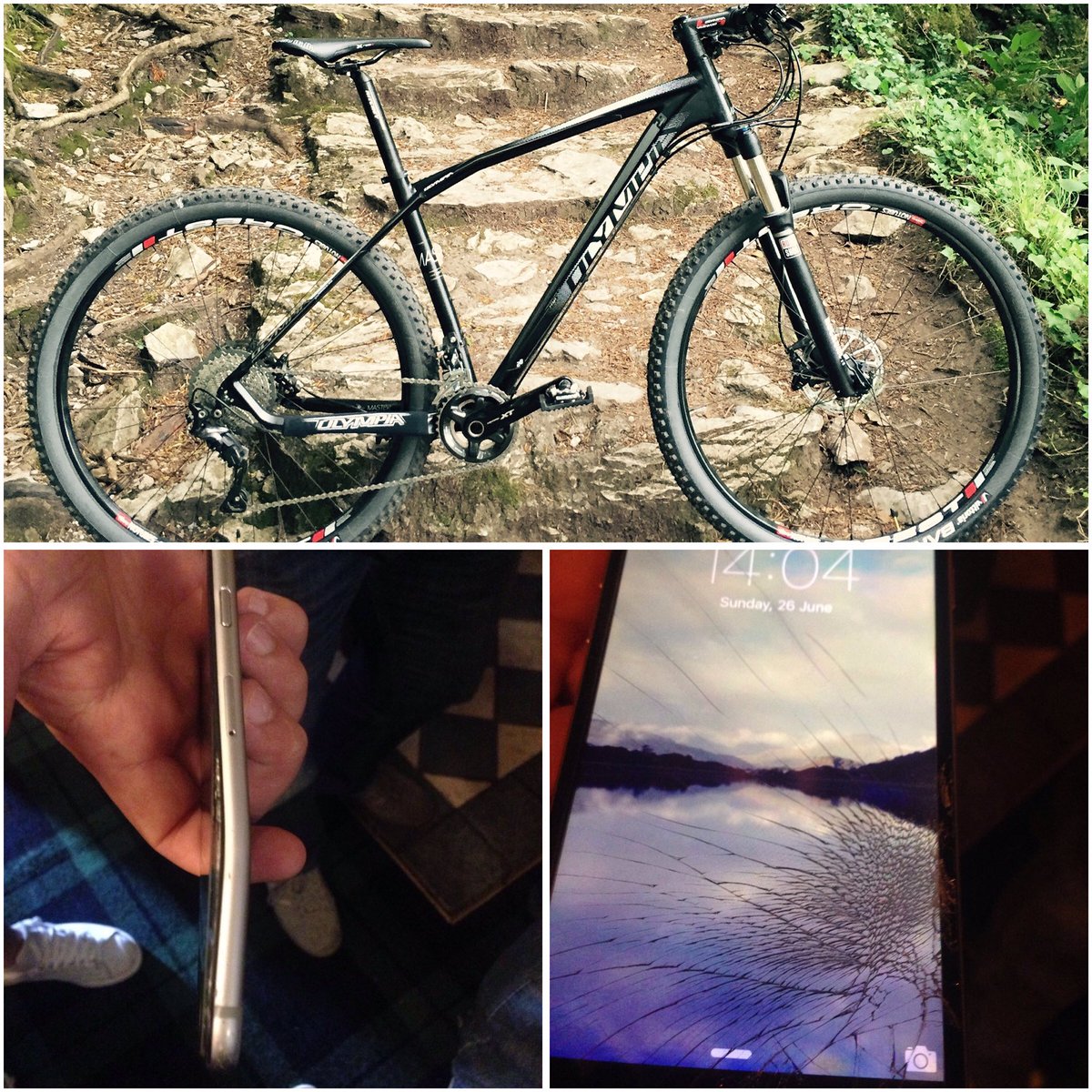 GCsportsIRL's tweet photo. MTB spin with phone in pocket..... Bad idea!! #mtb #cycling #29er #smashediphone https://t.co/X0HW273jn5
