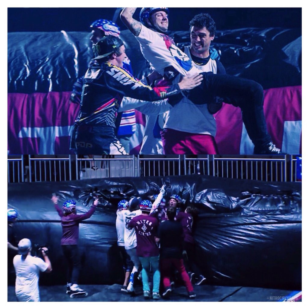 nitrocircusaus's tweet photo. Jaie Toohey &amp; Ryan Williams celebrating landing gnarly tricks with the Nitro guys! 

#nitrocircus #nitrocircuslive https://t.co/A0HuvPUeJo