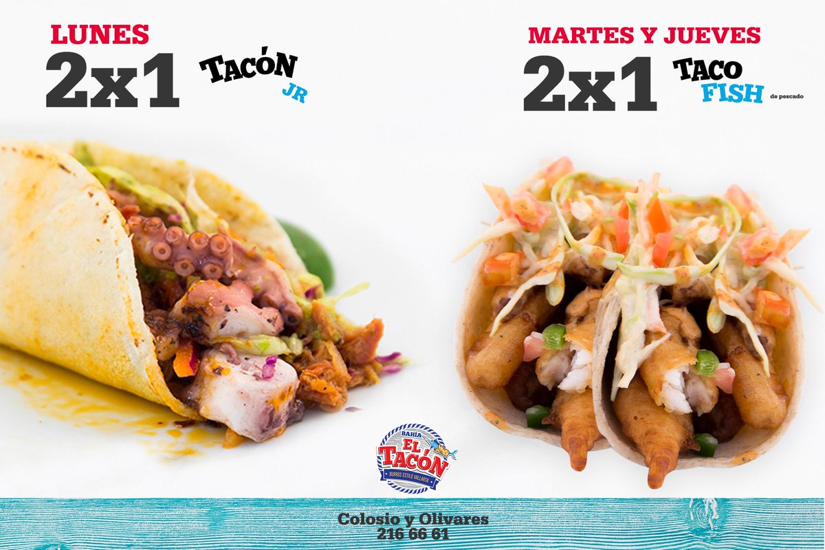 BahiaElTacon's tweet photo. Disfruta las promociones de la semana
-Lunes tu #TacoJr favorito 2x1
-Martes-Jueves #TacoFish de pescado 2x1
#TACON https://t.co/P4aOX6smif