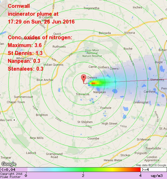 plumeplotter's tweet photo. Latest Cornwall incinerator plume plot, 17:29 26/06/16 #StDennis #Nanpean #Stenalees https://t.co/1qX7rG06K4 https://t.co/jgiOmeBJtG