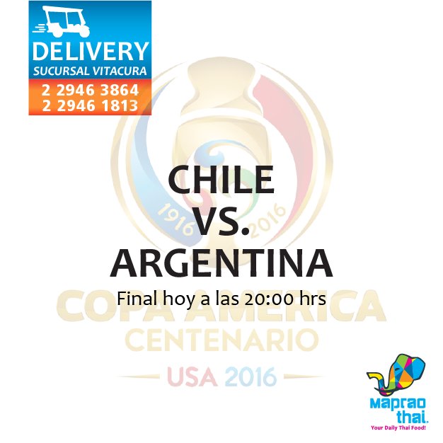 Mapraothai's tweet photo. Hoy estaremos acompañando a nuestros guerreros con servicio de delivery a full Vamos Chilito! #mapraothai #ca2016 https://t.co/gKCgvbmk3W
