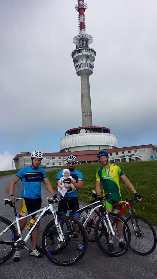 From the second highest peak in Czech Republic. Bikers Jiri, Roman, and superbaby Kaja show their support for RTF!