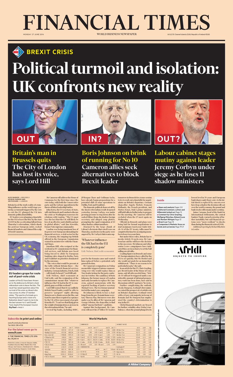 Just published: front page of the Financial Times, UK edition, Monday 27 June