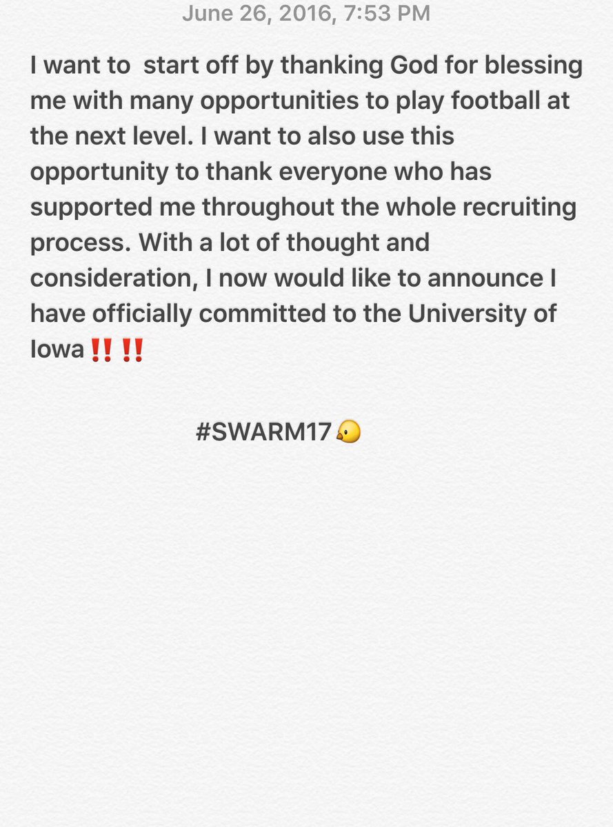 _BSmith12's tweet photo. Excited to announce my commitment to the University of Iowa !! #Swarm17 @MS_Grind @GatorFootballLC https://t.co/1k9nLSpbwV
