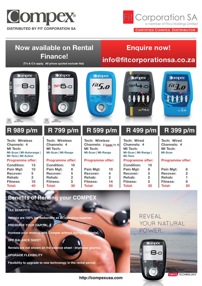 fitcorp_sa's tweet photo. Get your #Compex unit from R 399.00 per month. Contact us on info@fitcorporationsa.co.za https://t.co/NYf6GBQ8Mn