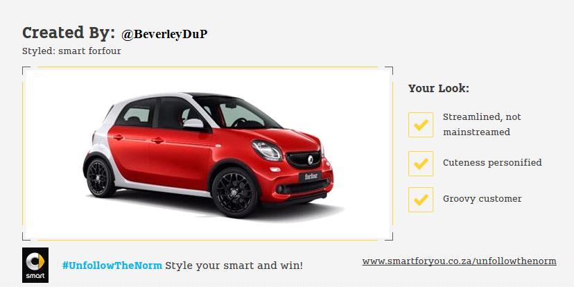 BeverleyDuP's tweet photo. Woohoo! I just entered to win this funky smart car for a year! Enter here: https://t.co/p6GR5PCyVO #UnfollowTheNorm https://t.co/e5ecBxvTp8