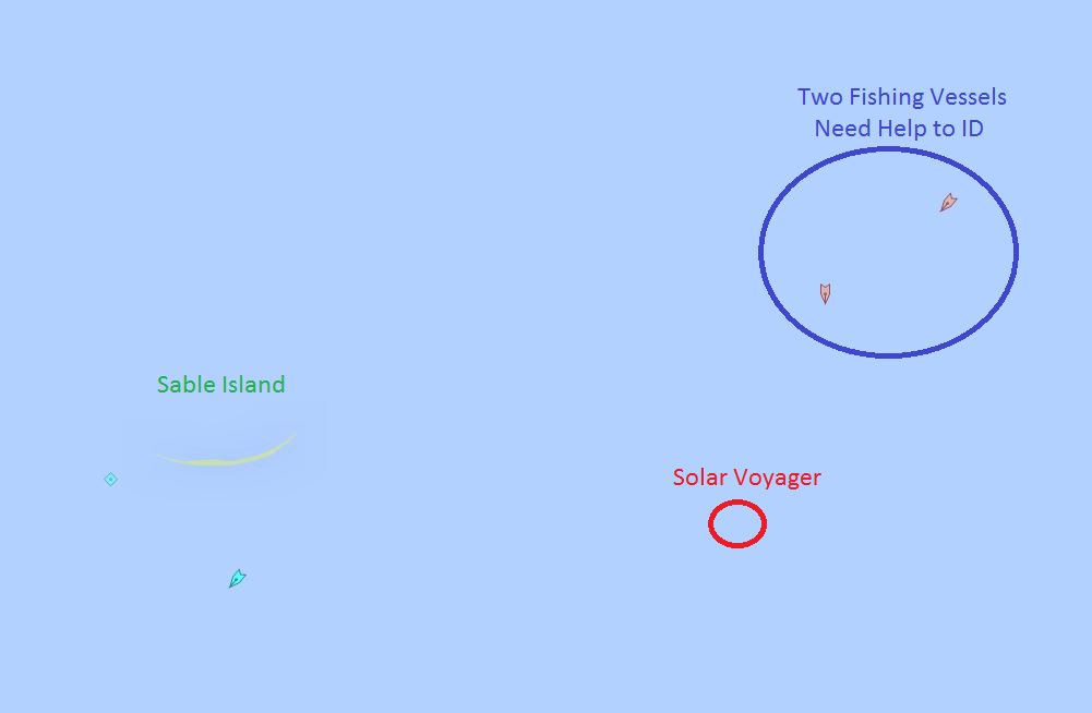 Solar_Voyager's tweet photo. 45nmE of Sable Island, Can. Need to ID 2 fishing boats nearby.@MarineTraffic @VesselFinder @exactEarth can you help? https://t.co/Fb4EbuDnvc