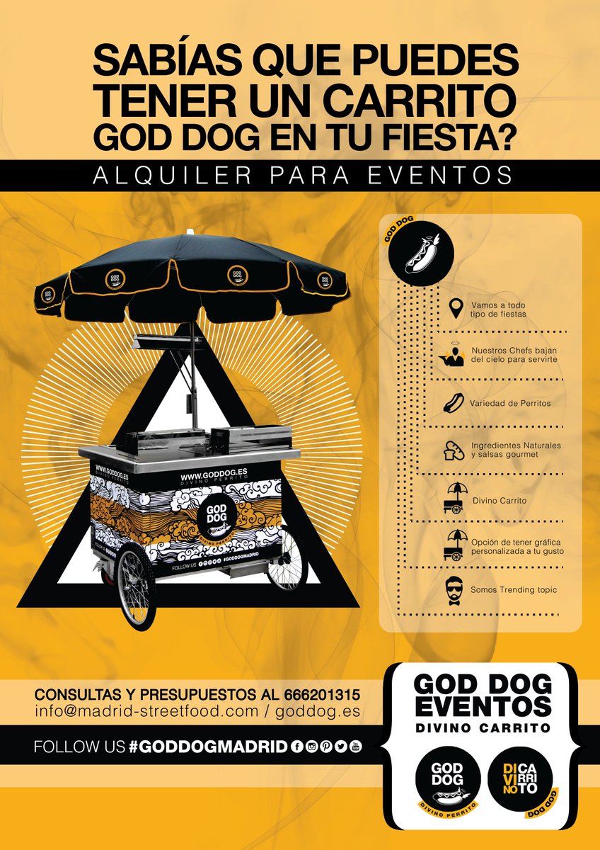 GodDogMadrid's tweet photo. Recuerda que puedes tener a GOD DOG en tu fiesta!
Carritos personalizados!
#GodDog #HotDogs #Gourmet! 100% #carne! https://t.co/wHgMIDovbu