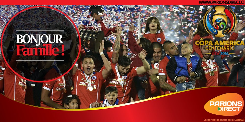 ParionsDirect's tweet photo. Félicitation à la  #Chili sacrée championne d’Amérique. 
https://t.co/2YbCvWSjrT 
#PARIONSDIRECT #CIV #CopaAmérica https://t.co/MQuU2F6vTL