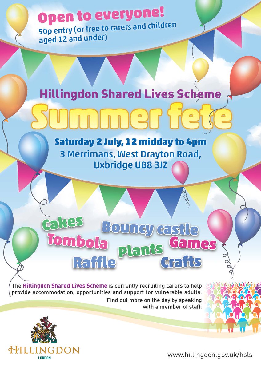 HillingdonFIS's tweet image. Everyone is invited to Hillingdon Shared Lives Scheme Summer Fete on Saturday.