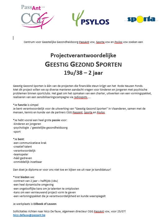 #vacature projectverantwoordelijke "Geestig Gezond Sporten" <a href="/rodeneuzendag/">Rode Neuzen Dag</a> @Sportafed <a href="/CGG_PassAnt/">CGG PassAnt</a> #menzeggehetvoort