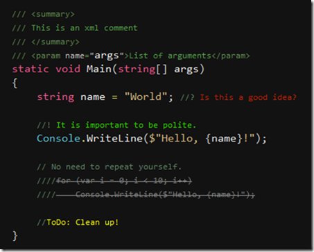 VisualStudio's tweet photo. <3 this one from @Coding4Fun: Pretty Up your Code Comments with Better Comments, https://t.co/VaPHQbEULg https://t.co/xpDPzKpM0y