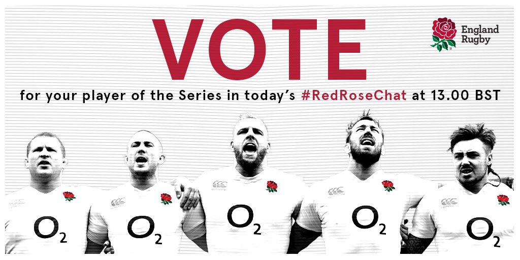 EnglandRugby's tweet photo. Join us for today's #RedRoseChat at 13:00 BST and vote for YOUR player of the Series ๐น
#carrythemhome https://t.co/vvVPTW4PxV
