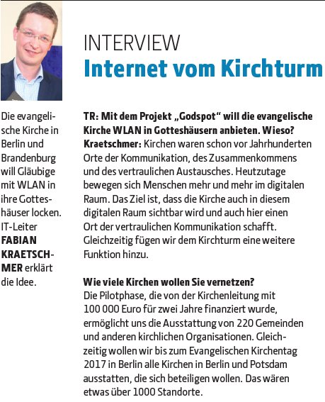 techreview_de's tweet photo. Interview in der neuen TR mit Fabian Kraetschmer zu #godspot in dt. Kirchen #dataunser https://t.co/Sa0KA3eo48 https://t.co/nanxpFbgO9