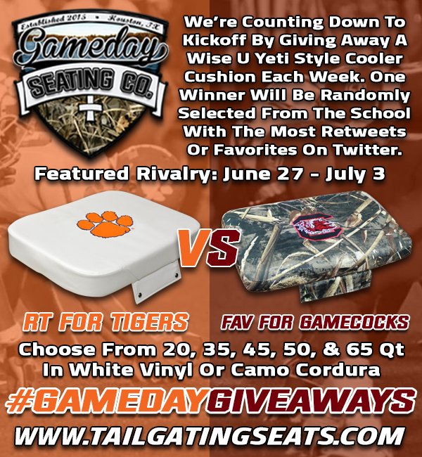 GamedaySeating's tweet photo. @ClemsonInsider RT for Clemson, FAV for S Carolina for chance 2 win a #Yeti Cooler Cushion https://t.co/fk86Hcylqx https://t.co/3r72LQETha