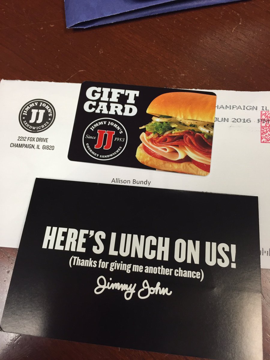 allisondbundy's tweet photo. #3470CB @jimmyjohns definitely cares about their customers. They didn't have to do this. Thank you! https://t.co/XHCm2pWFwD