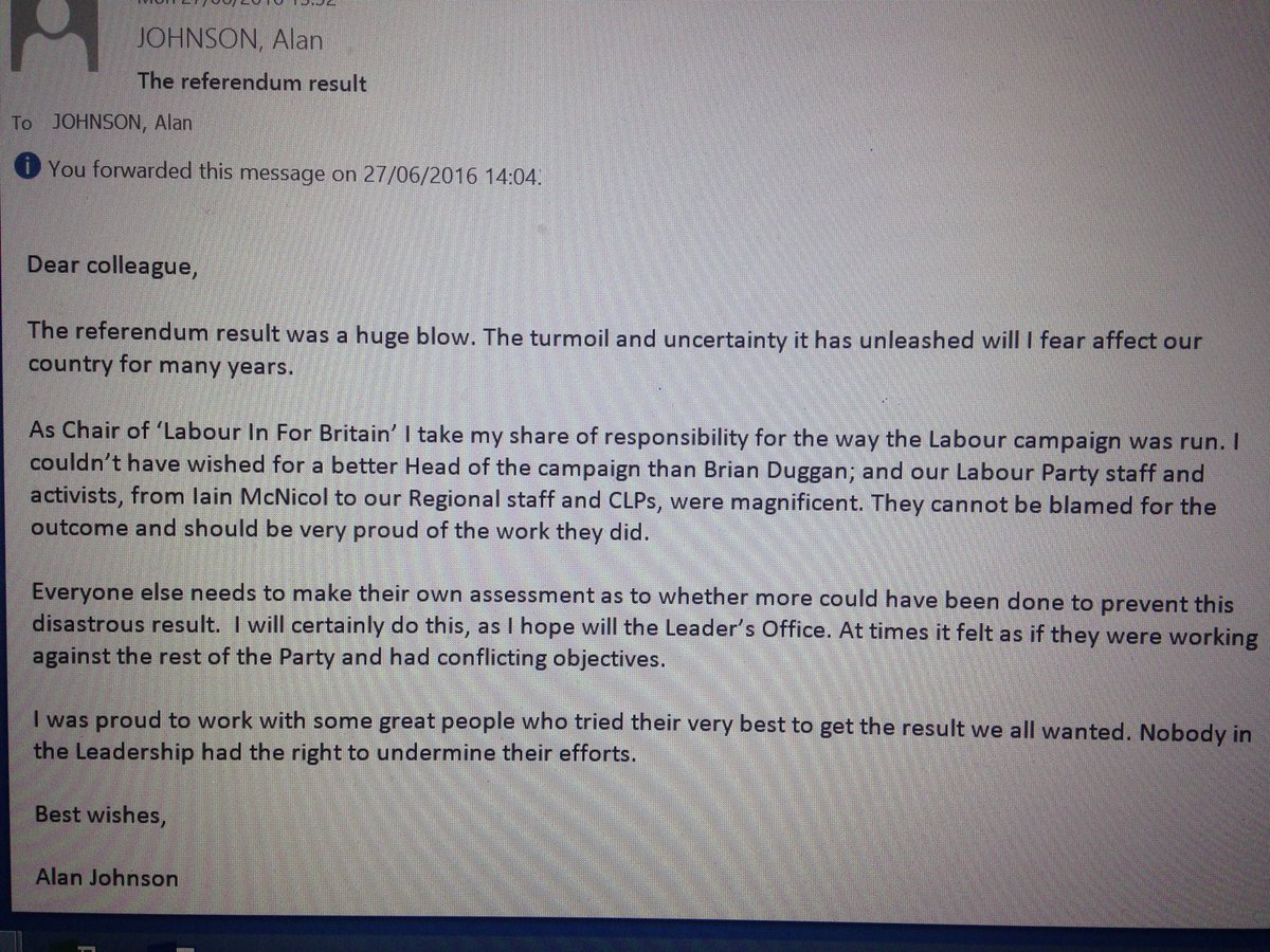 SteveReedMP's tweet photo. Alan Johnson slams Labour leadership for working against the party and undermining LabourIn campaign https://t.co/3QenyN55ZD