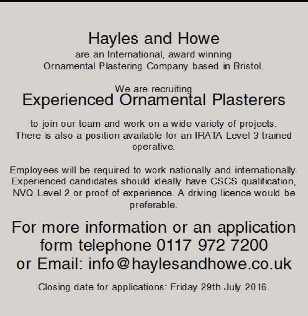HaylesandHoweUK's tweet image. #recruiting We are recruiting experienced Ornamental Plasterers and IRATA Level 3 operatives - see advert below