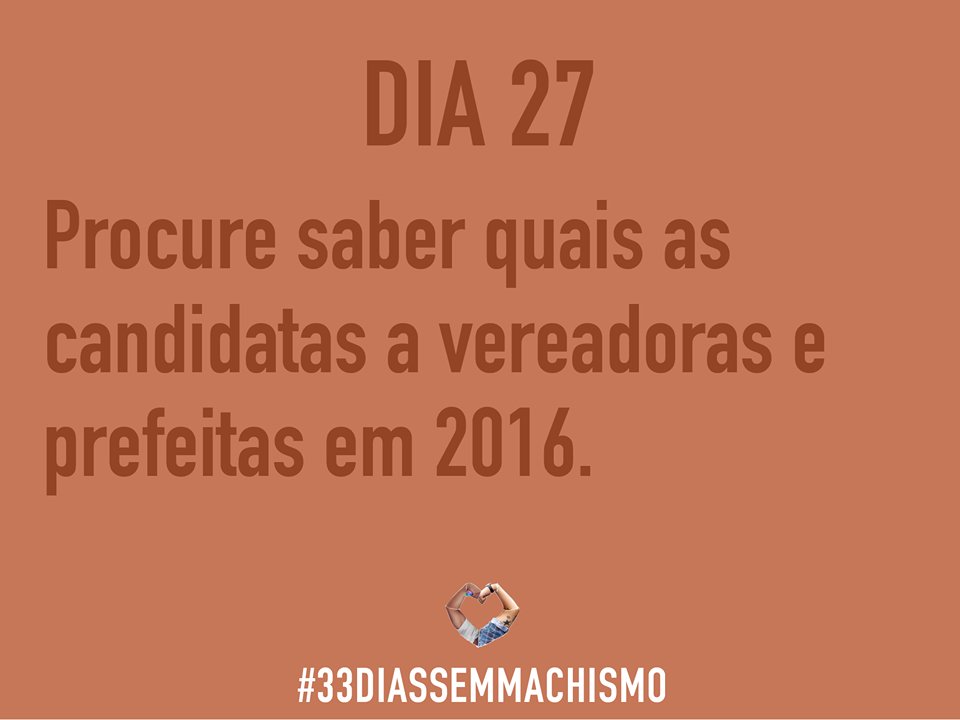 SemMachismo's tweet photo. DAY 27: Try to find out who are the women candidates to city council and mayor offices in 2016. #33DiasSemMachismo https://t.co/3a5Zd9EkAc