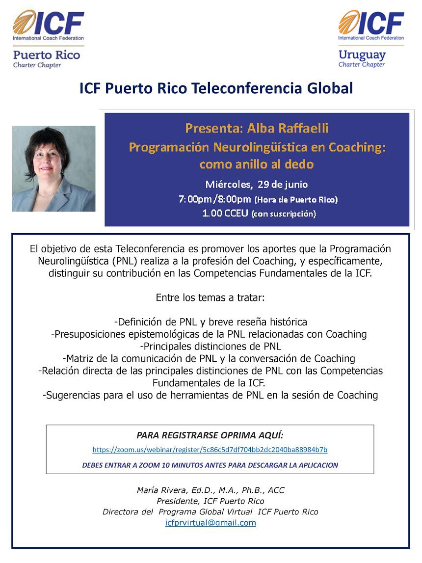 Webinar de Puerto Rico donde nuestra compañera Alba Raffaelli ha sido invitada a disertar sobre PNL y Coaching.