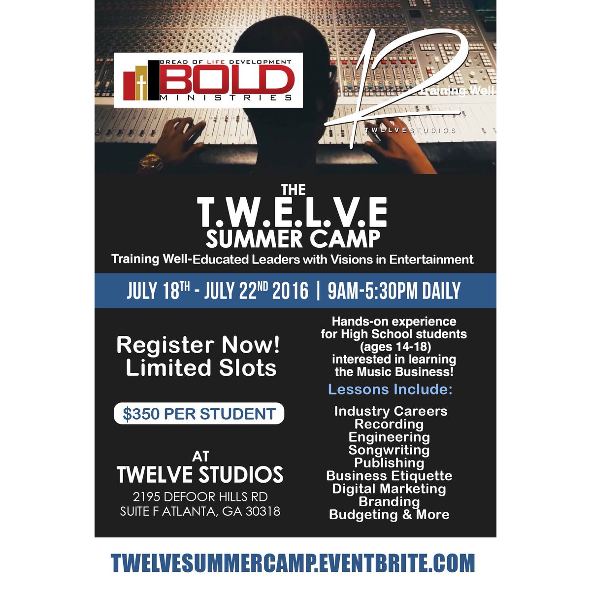 TwelveMusic's tweet photo. Does your son or daughter want to be in music? Check out https://t.co/Toy4YDBE8p #TwelveStudios #ATL #Camp #AtlYouth https://t.co/yHQpoXvlIN