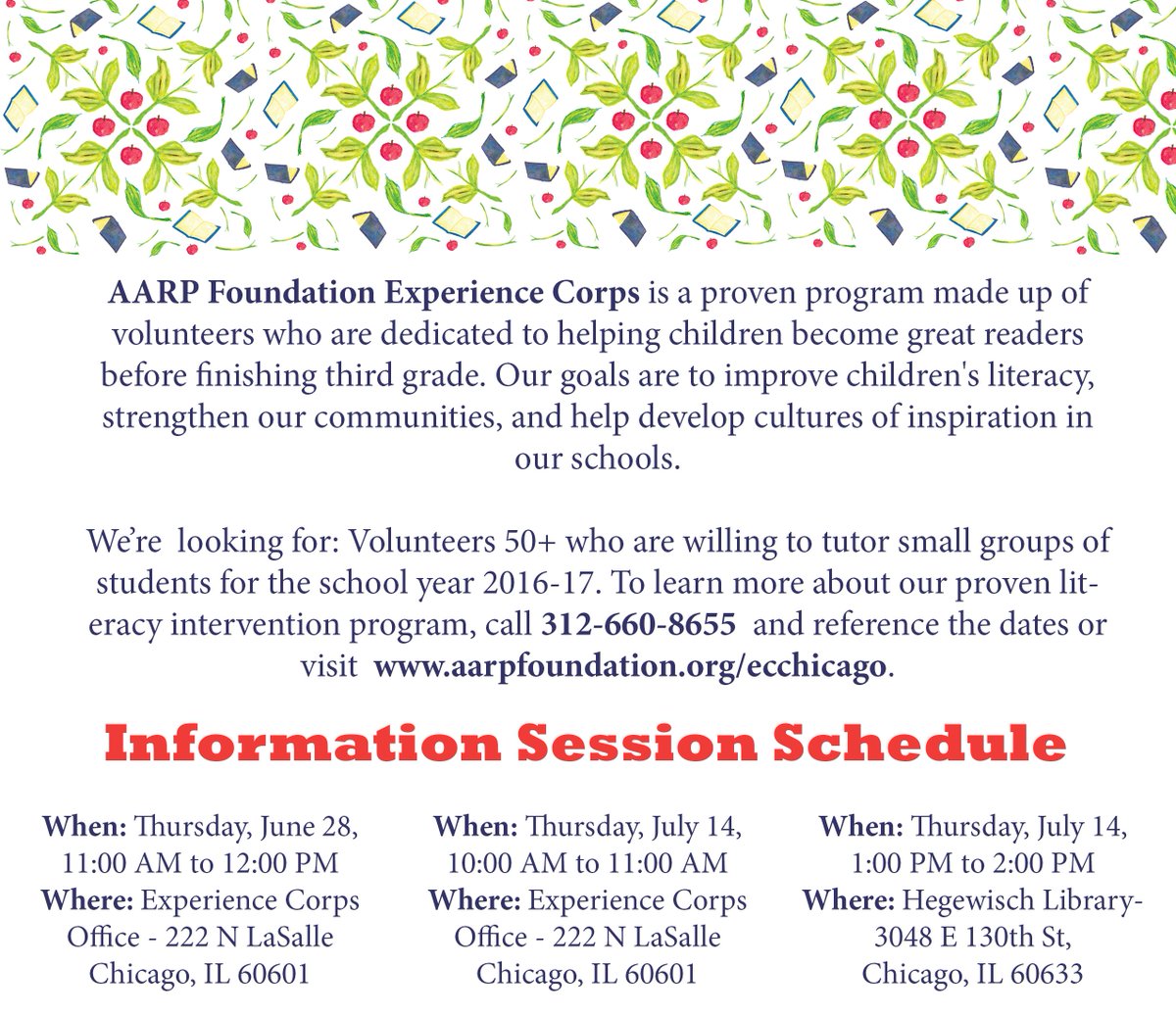 aarpecchicago's tweet photo. We’re  looking for: Volunteers 50+ who are willing to tutor small groups of students for the school year 2016-17. https://t.co/sD1m64NoAo