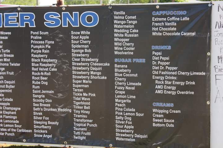 MyOwnDorkUnique's tweet photo. OK the names are weird but this place where I live has the best snow cones. @DuncanOklahoma #snowcones #SummerSno https://t.co/MmhejuEzcG