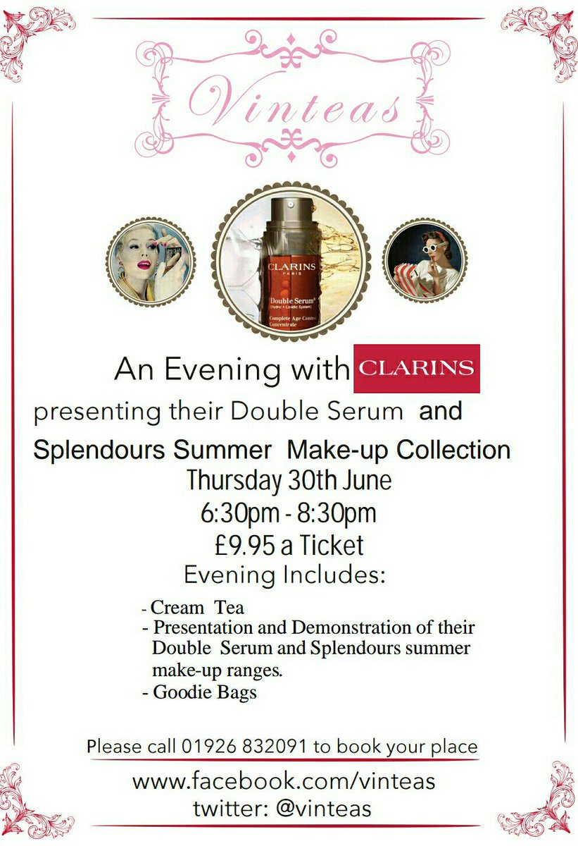 vinteas's tweet photo. We are having an evening with Clarins on 30th June.Call us on 01926832081 for reservations.#loveleam #coventryupdate https://t.co/2ImNVVpGh9