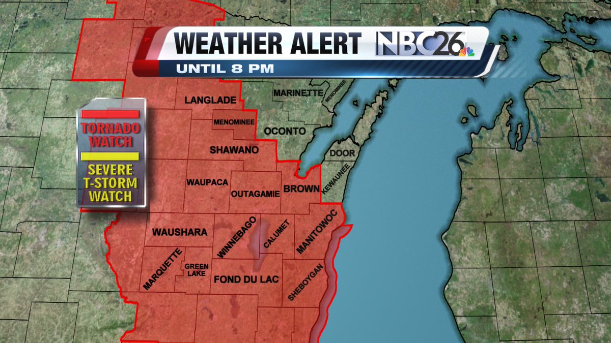 NBC26's tweet image. TORNADO WATCH until 8 PM for highlighted counties in Northeast Wisconsin. #nbc26wx