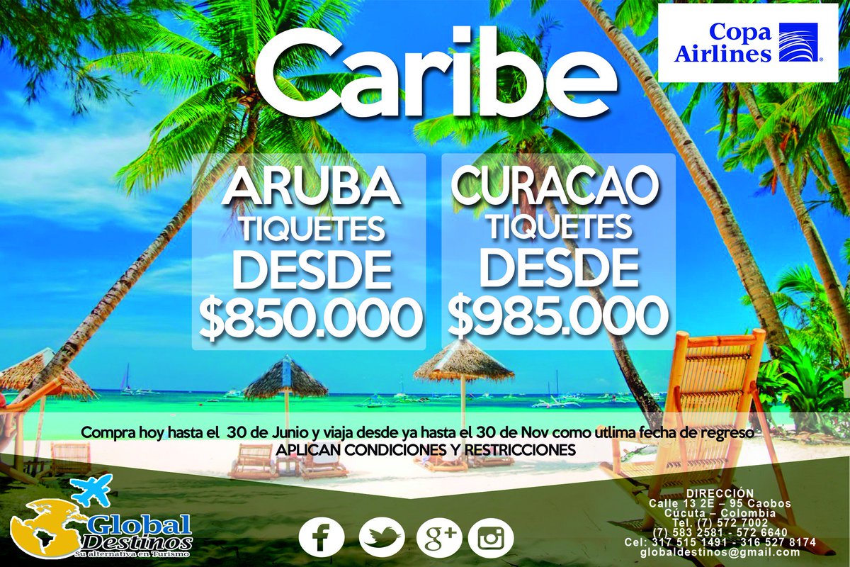 GlobalDestinos's tweet photo. CARIBE (@ARUBA - @CURACAO)
TIQUETES VIA copa airlines, compra hasta el 30 de Junio 
#viaja #playa @GlobalDestinos https://t.co/Cjq0mYQFHY