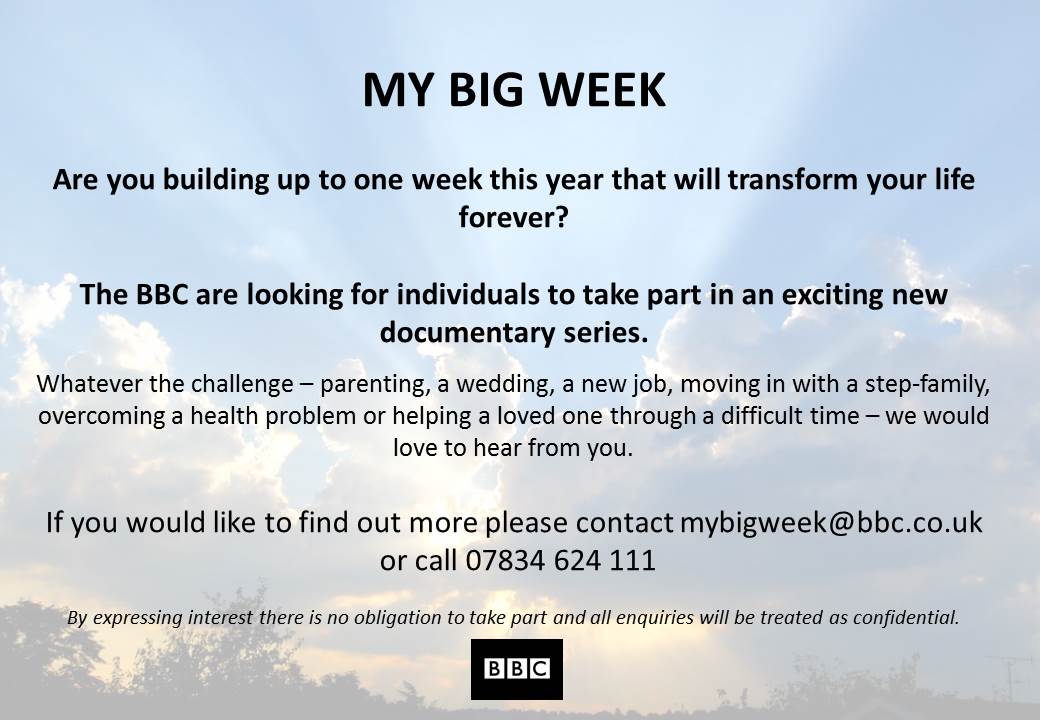 @GetOnTelly BBC2 CASTING! Are u setting up a new business, hving ur 1st baby? We want U! e:mybigweek@bbc.co.uk RT