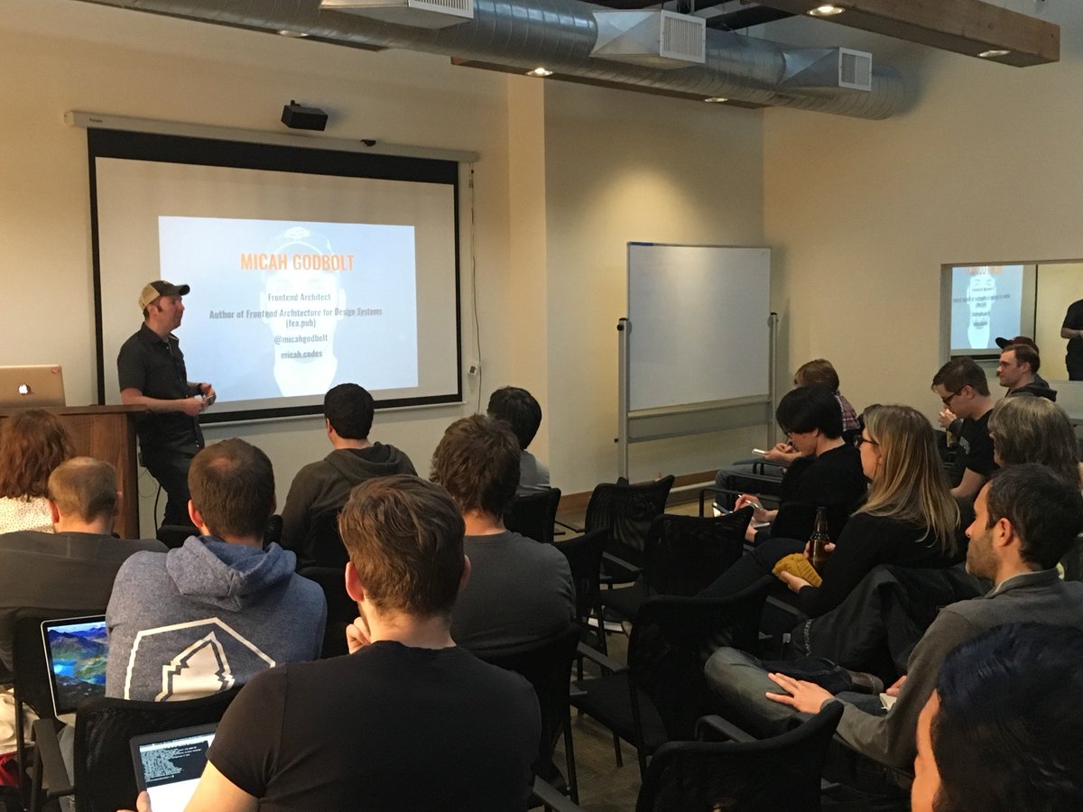 frontendpdx's tweet photo. Great presentation on Design Systems last night from @micahgodbolt. Thanks to everyone who came out! https://t.co/CLjEFHZ6vy
